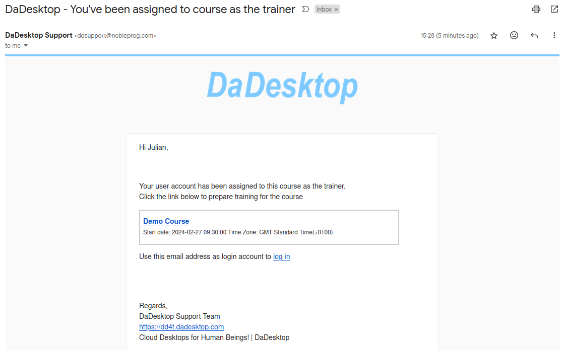 Trainer receives an email regarding course assignment